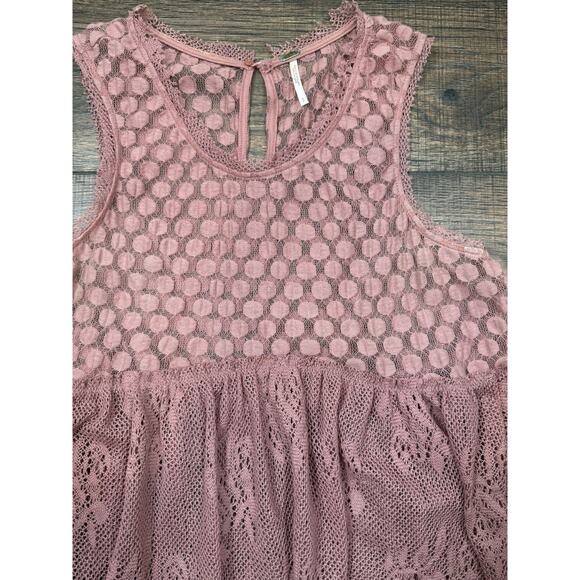 Free People Rustic Pink Lace Ruffle Sleeveless Crop Tank Top Sz S Sheer - Picture 4 of 8